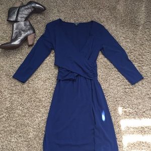 Blue wrap dress. Designer Lilla P. Made in Peru.